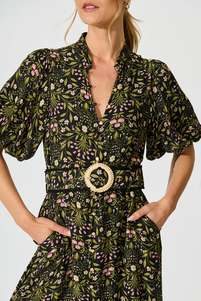 Selestia Maxi Dress in Black Floral detail