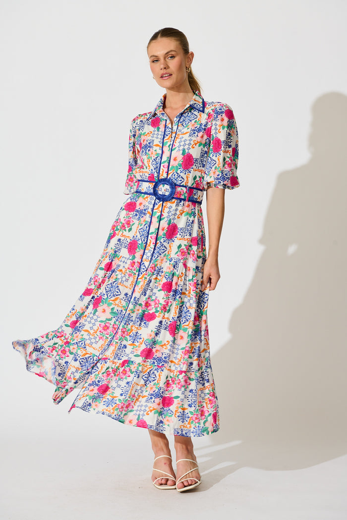 Adaluna Maxi Shirt Dress in White with Blue Multi Print full length
