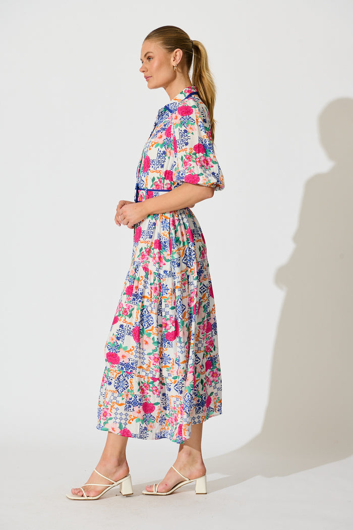 Adaluna Maxi Shirt Dress in White with Blue Multi Print side