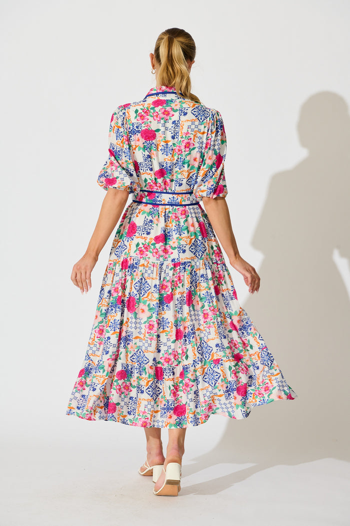 Adaluna Maxi Shirt Dress in White with Blue Multi Print back