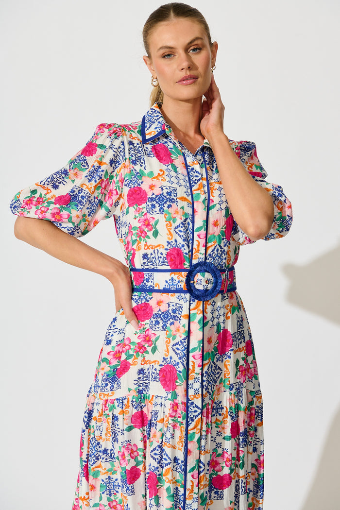 Adaluna Maxi Shirt Dress in White with Blue Multi Print front
