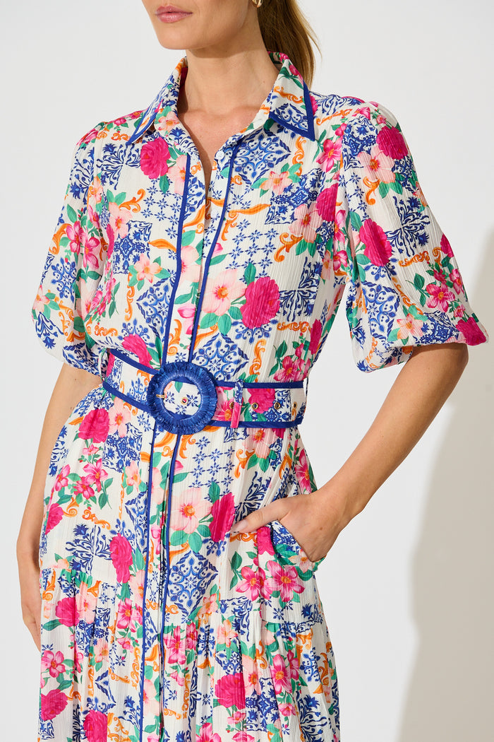 Adaluna Maxi Shirt Dress in White with Blue Multi Print detail