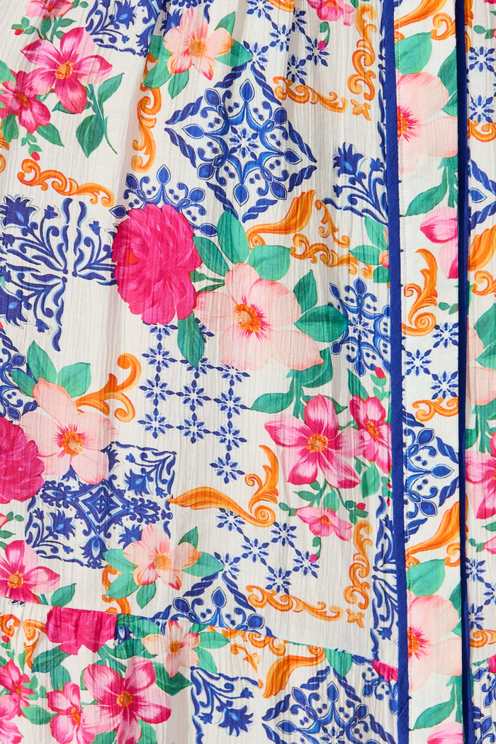 Adaluna Maxi Shirt Dress in White with Blue Multi Print fabric