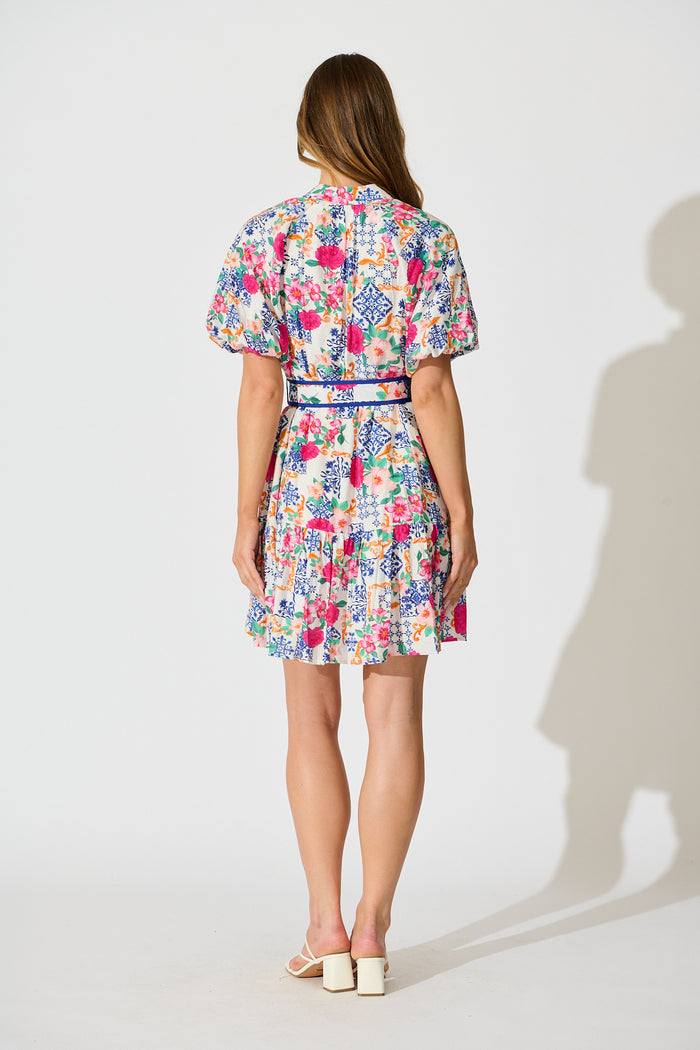 Graciana Dress in Blue with Multi Patchwork Floral back