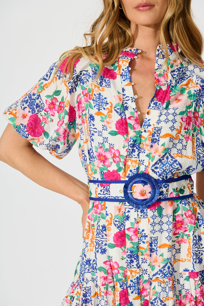 Graciana Dress in Blue with Multi Patchwork Floral detail