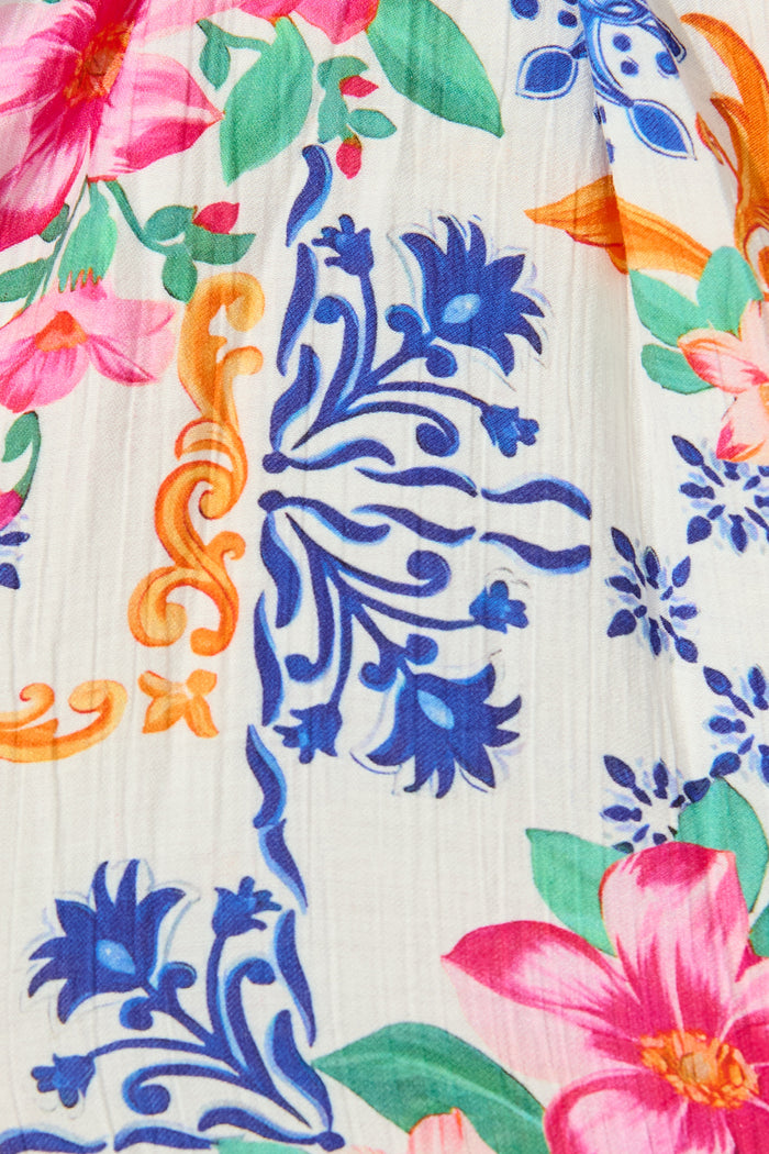 Graciana Dress in Blue with Multi Patchwork Floral fabric