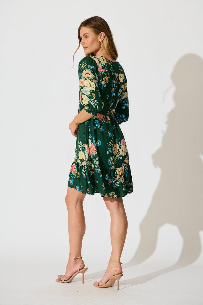 Undine Dress in Emerald with Multi Floral back