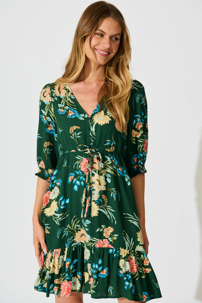 Undine Dress in Emerald with Multi Floral front