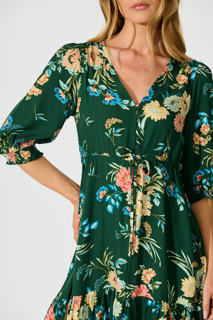 Undine Dress in Emerald with Multi Floral detail