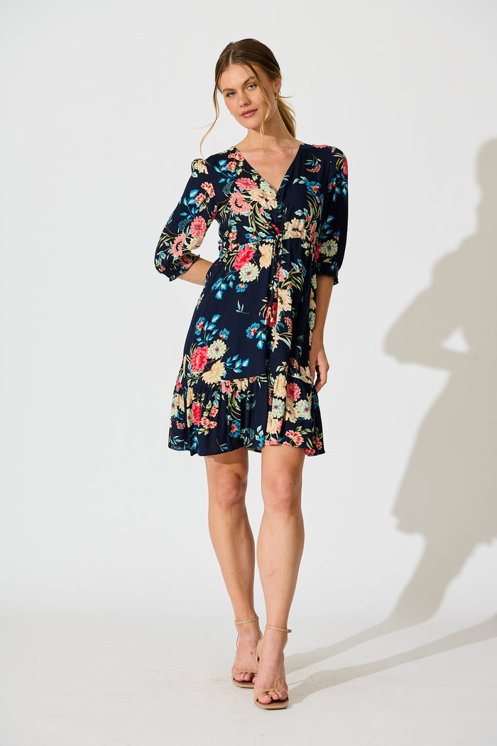 Undine Dress in Navy with Multi Floral full length
