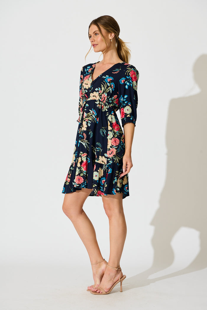 Undine Dress in Navy with Multi Floral side