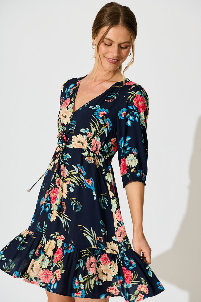 Undine Dress in Navy with Multi Floral front