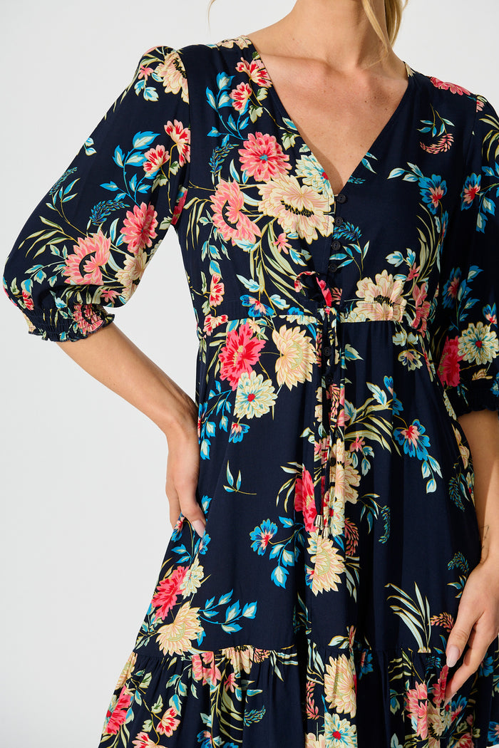 Undine Dress in Navy with Multi Floral detail