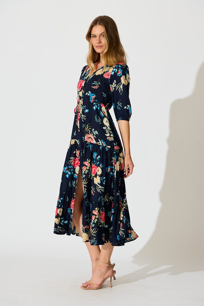 Jolanta Midi Dress in Navy with Multi Floral side