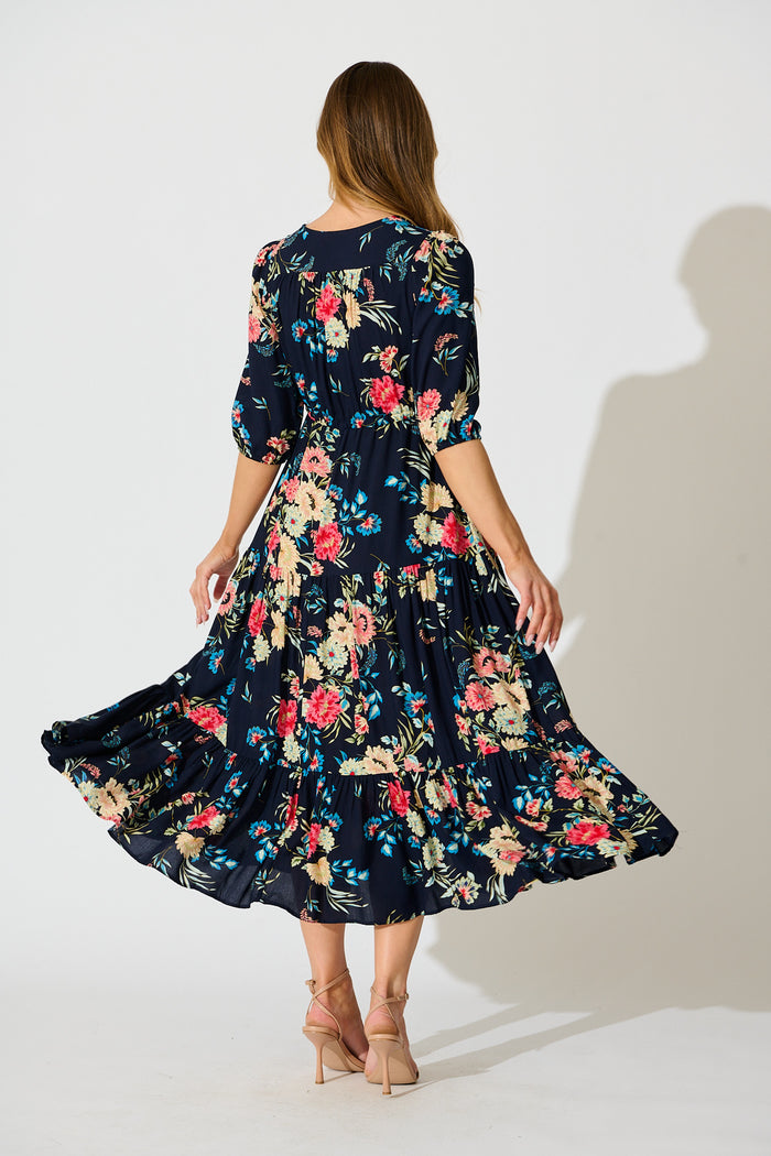Jolanta Midi Dress in Navy with Multi Floral back