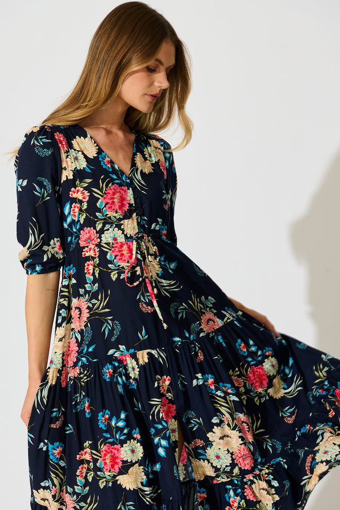 Jolanta Midi Dress in Navy with Multi Floral front