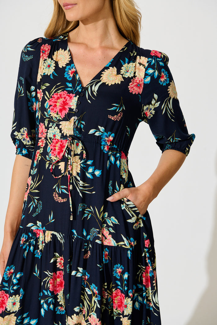 Jolanta Midi Dress in Navy with Multi Floral detail