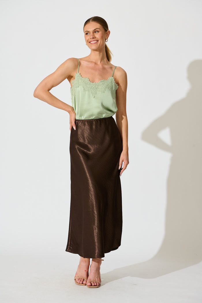 Satin Poise Midi Skirt in Chocolate full length