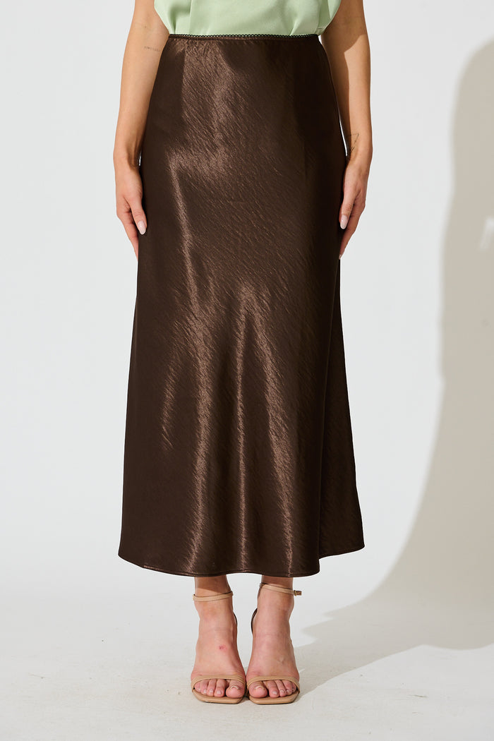 Satin Poise Midi Skirt in Chocolate front