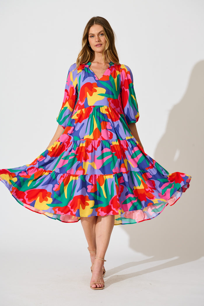 Kehlana Tiered Smock Dress in Bright Multi Print full length