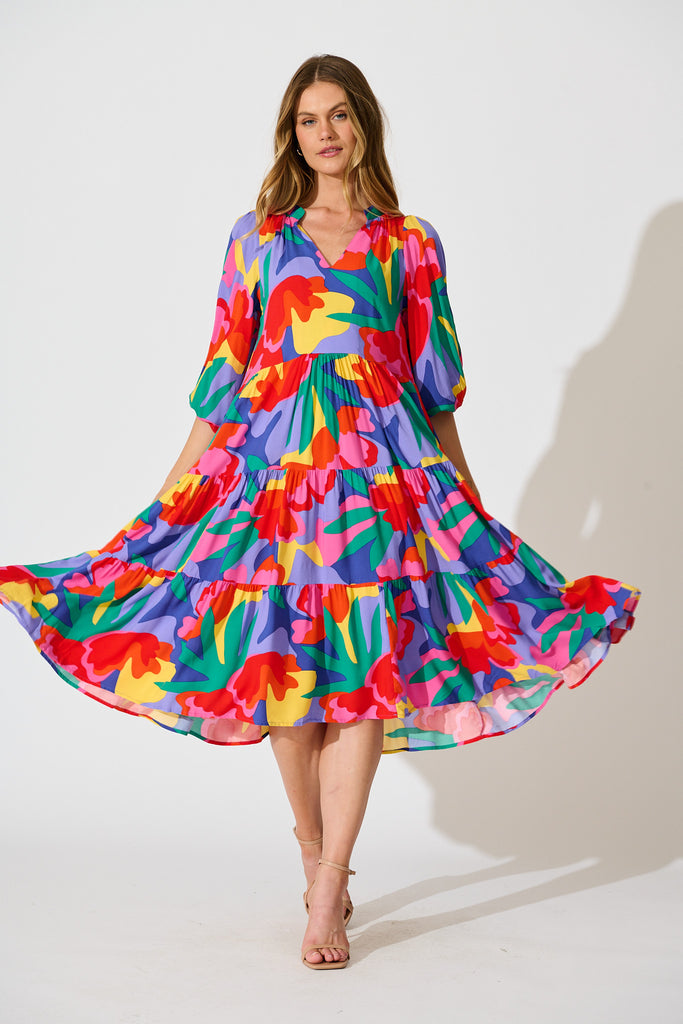 Kehlana Tiered Smock Dress in Bright Multi Print full length