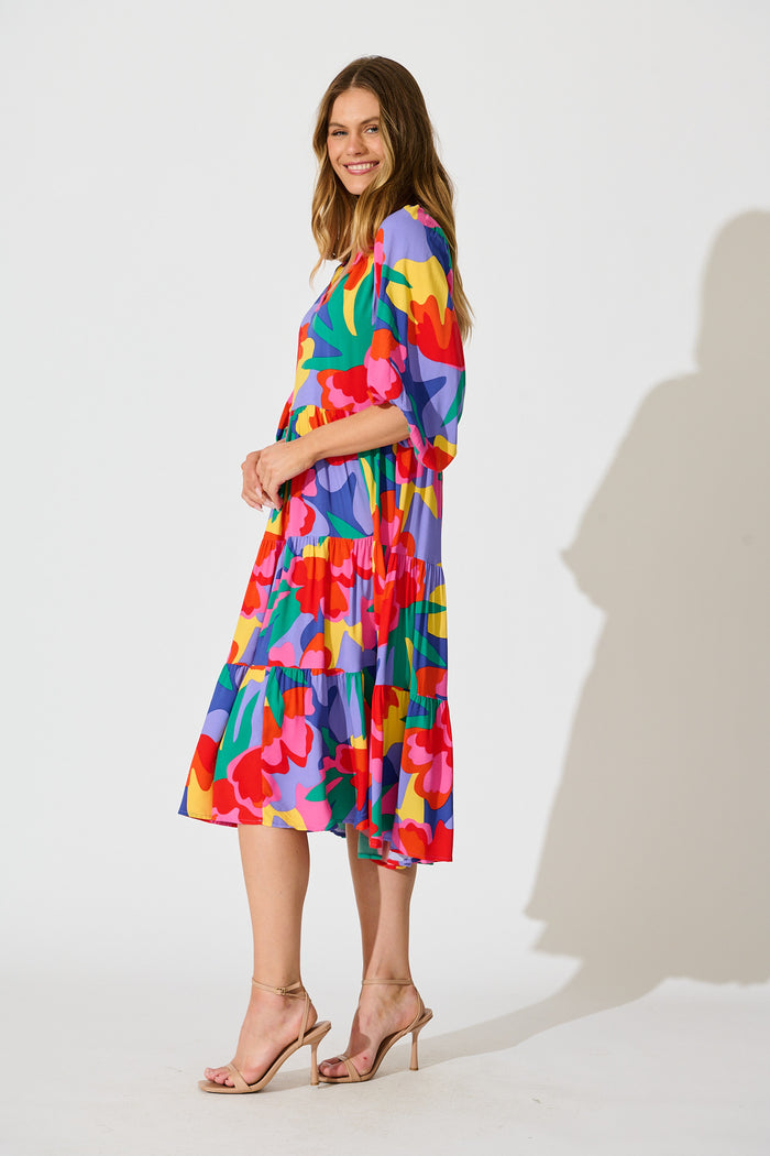 Kehlana Tiered Smock Dress in Bright Multi Print side