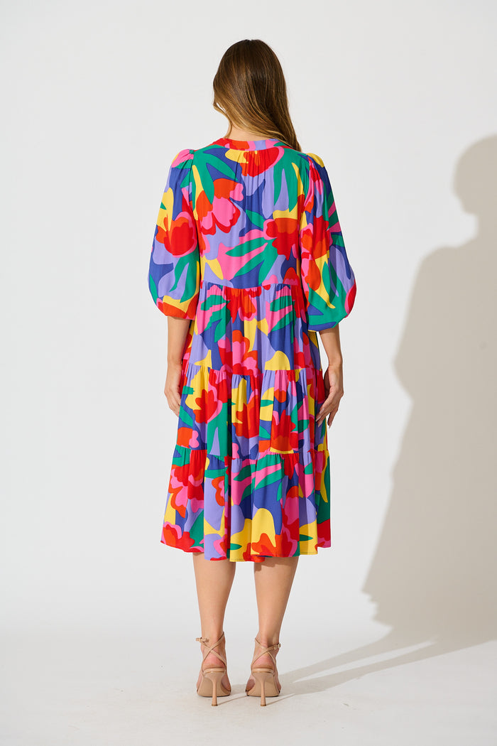 Kehlana Tiered Smock Dress in Bright Multi Print back