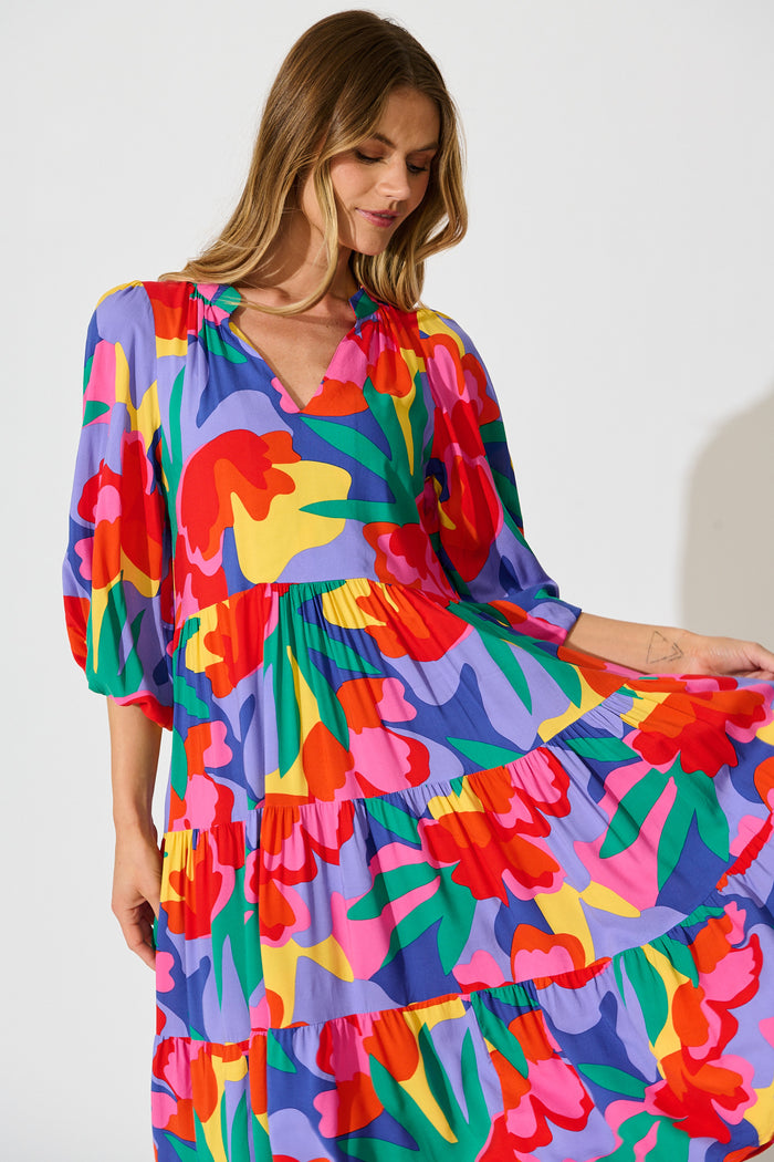Kehlana Tiered Smock Dress in Bright Multi Print front