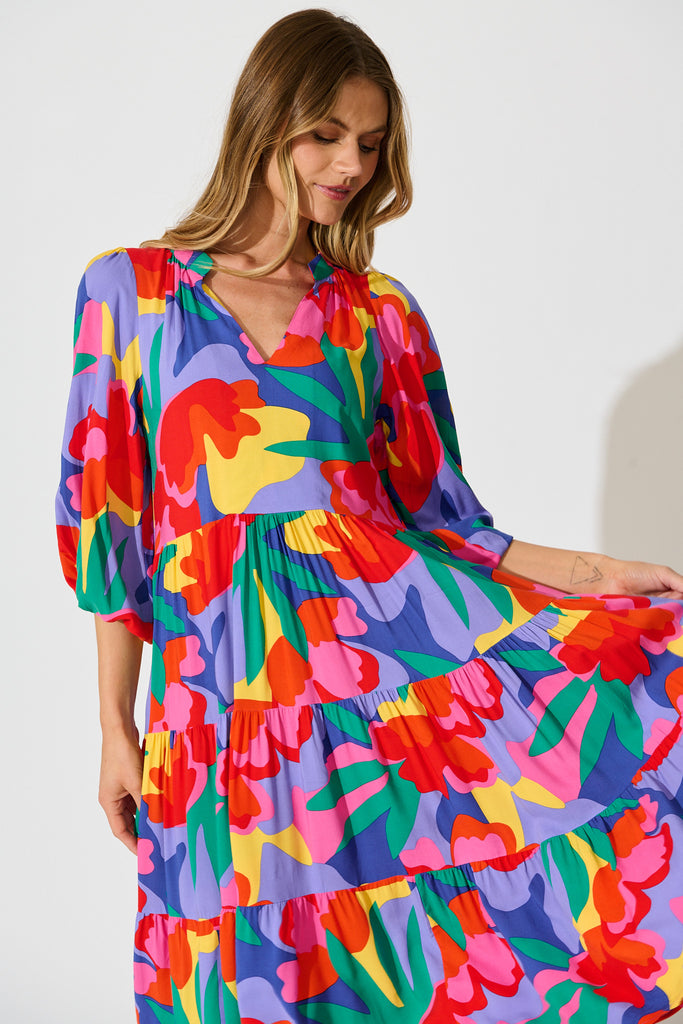 Kehlana Tiered Smock Dress in Bright Multi Print front