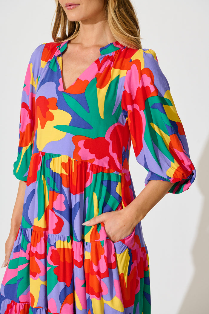 Kehlana Tiered Smock Dress in Bright Multi Print detail