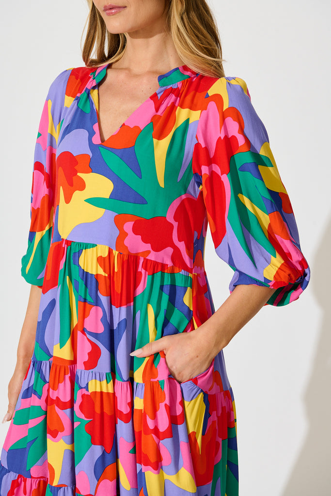 Kehlana Tiered Smock Dress in Bright Multi Print detail