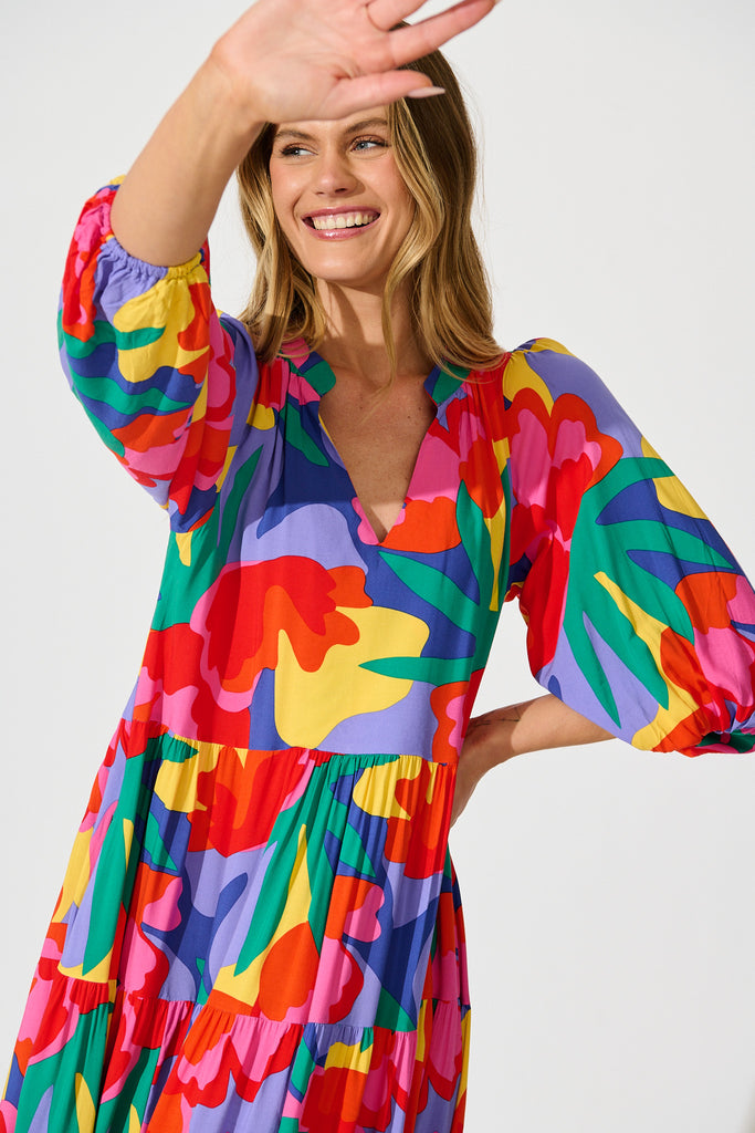 Kehlana Tiered Smock Dress in Bright Multi Print detail