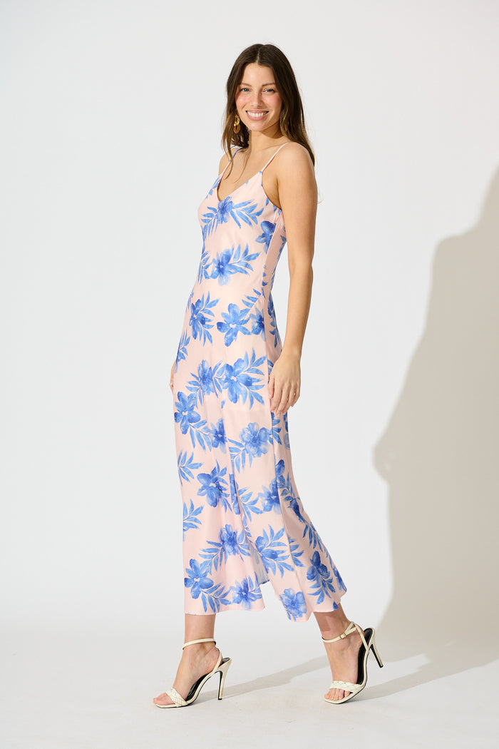 Alliana Maxi Sundress in Blush with Blue Floral Print side