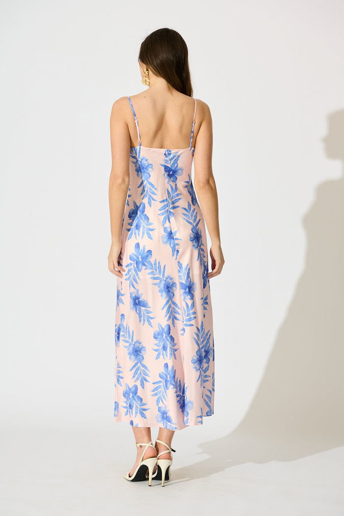 Alliana Maxi Sundress in Blush with Blue Floral Print back