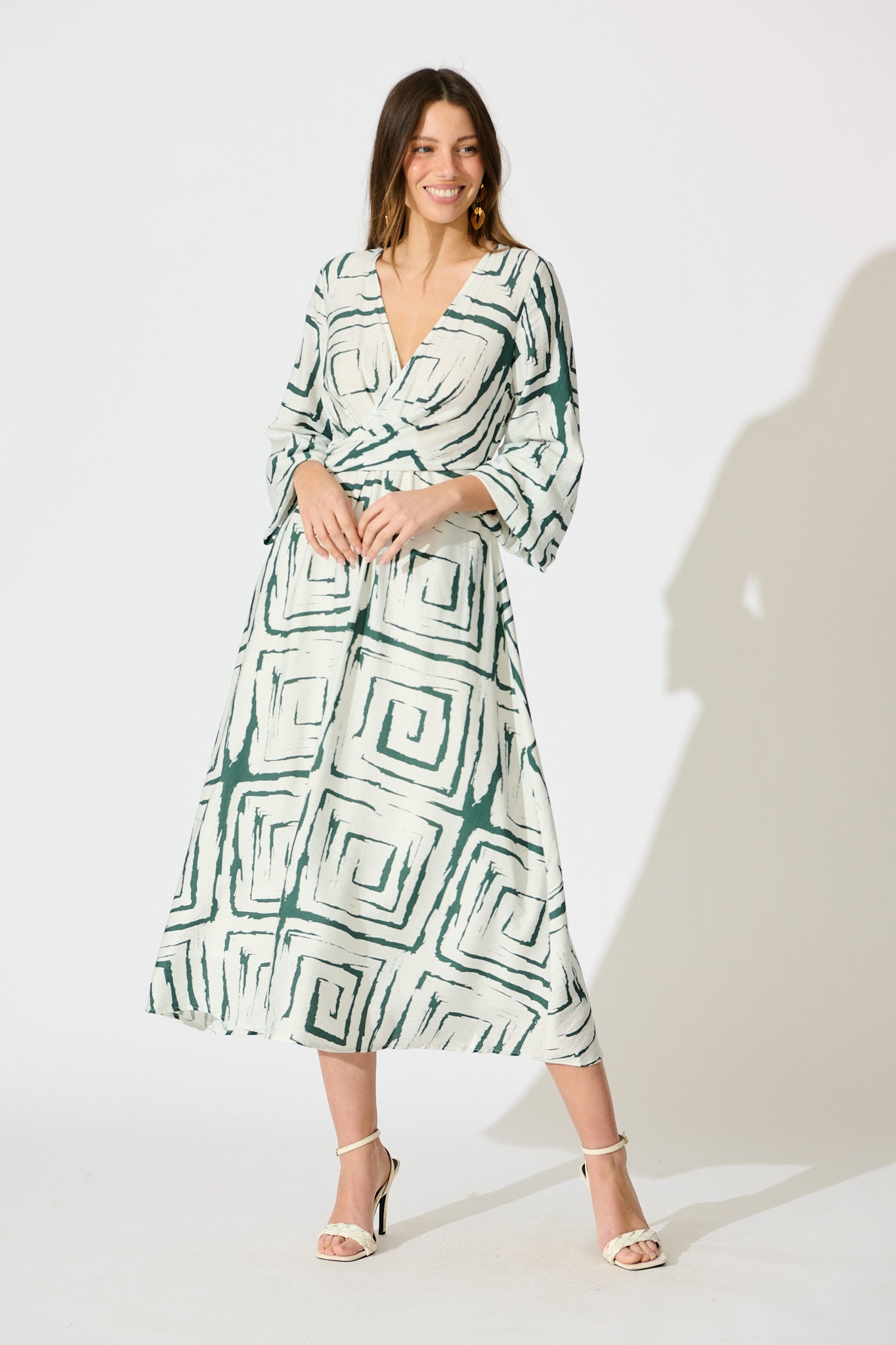 Suzanna Midi Dress in White Geometric Print full length