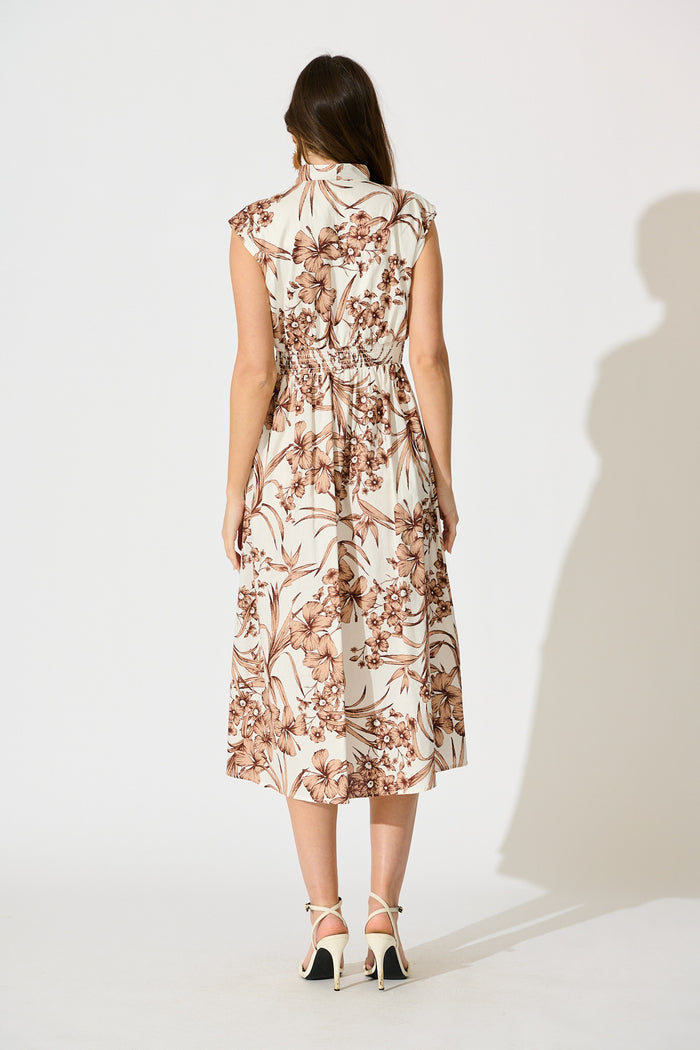 Carine Midi Dress in White with Brown Floral Print Cotton back