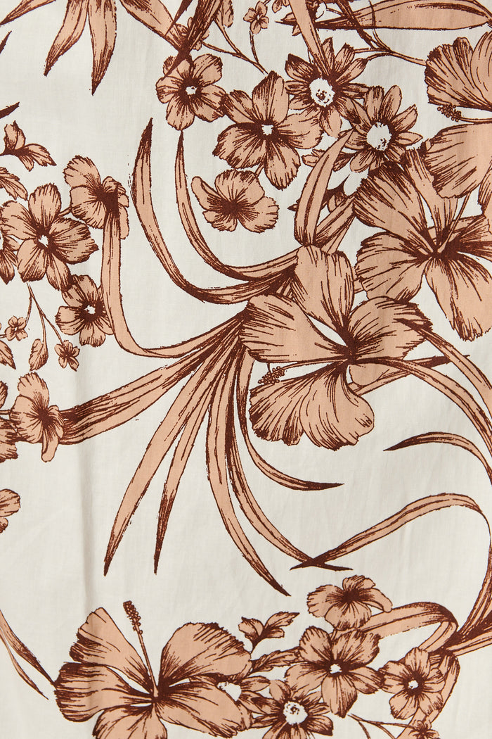 Carine Midi Dress in White with Brown Floral Print Cotton fabric
