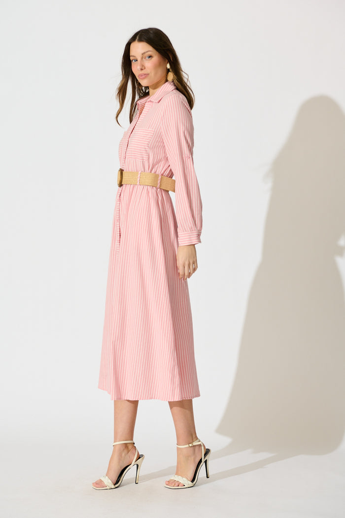 Veyda Midi Shirt Dress in Pink with White Stripe Cotton side