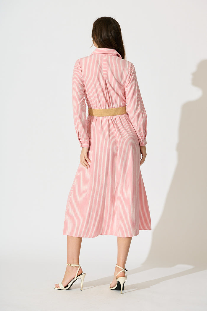 Veyda Midi Shirt Dress in Pink with White Stripe Cotton back
