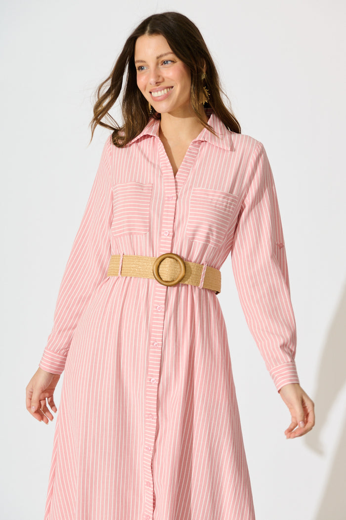 Veyda Midi Shirt Dress in Pink with White Stripe Cotton front