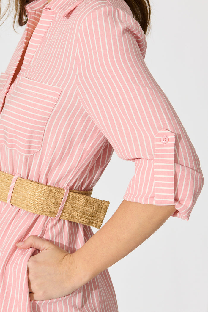 Veyda Midi Shirt Dress in Pink with White Stripe Cotton detail