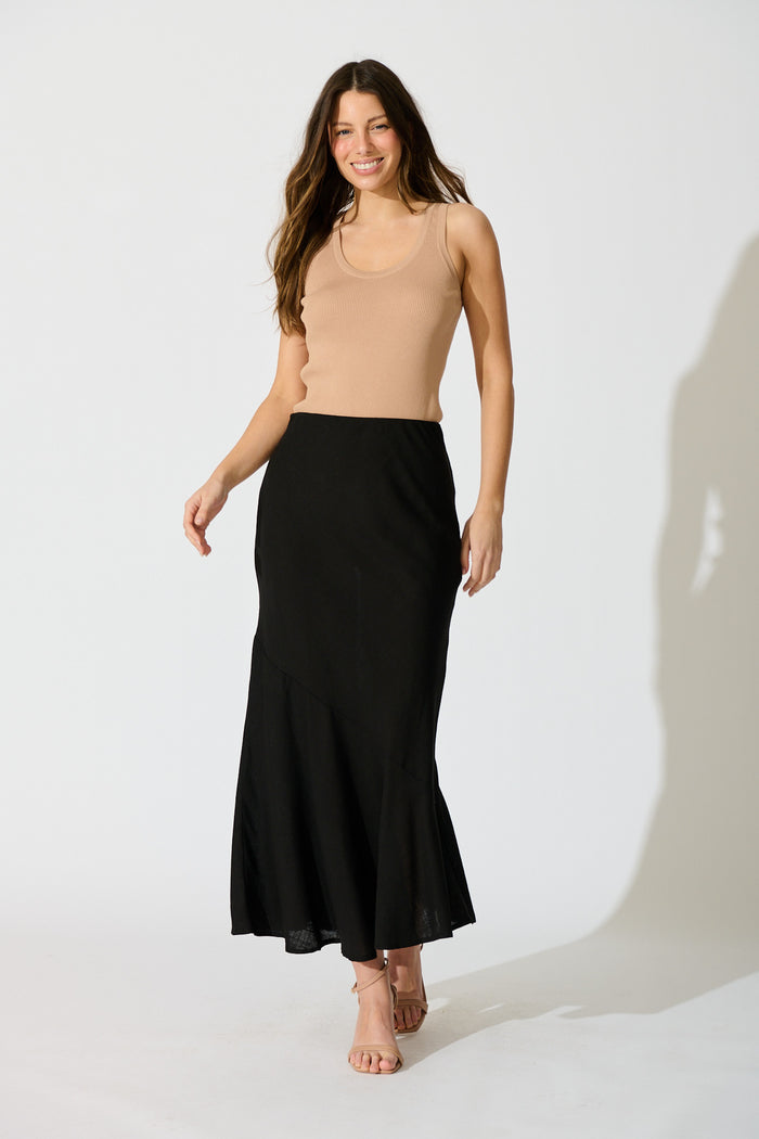 Charlee Maxi Skirt in Black Linen Blend full length