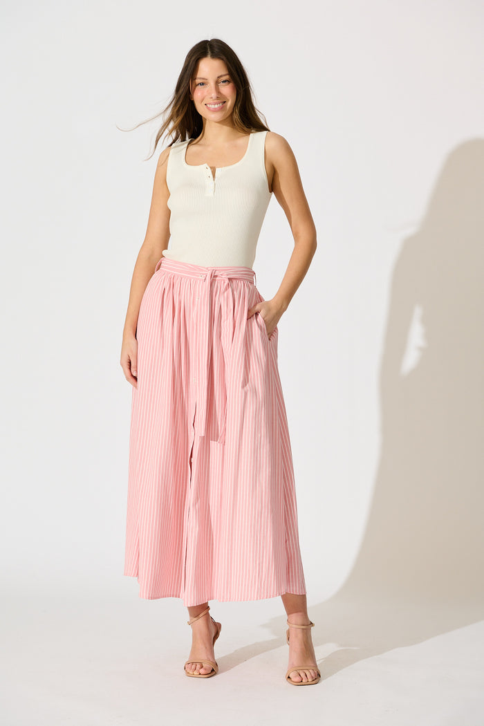 Pattie Maxi Skirt in Pink with White Stripe Cotton full length