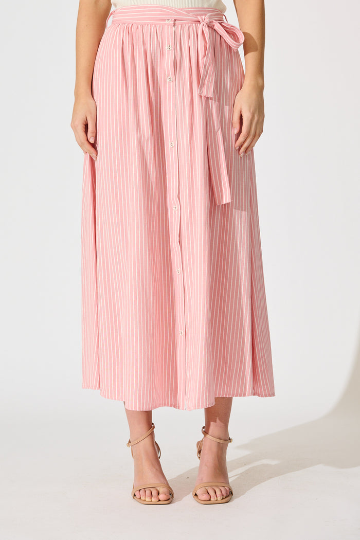 Pattie Maxi Skirt in Pink with White Stripe Cotton front