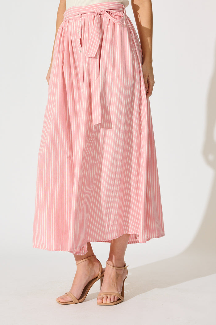 Pattie Maxi Skirt in Pink with White Stripe Cotton side