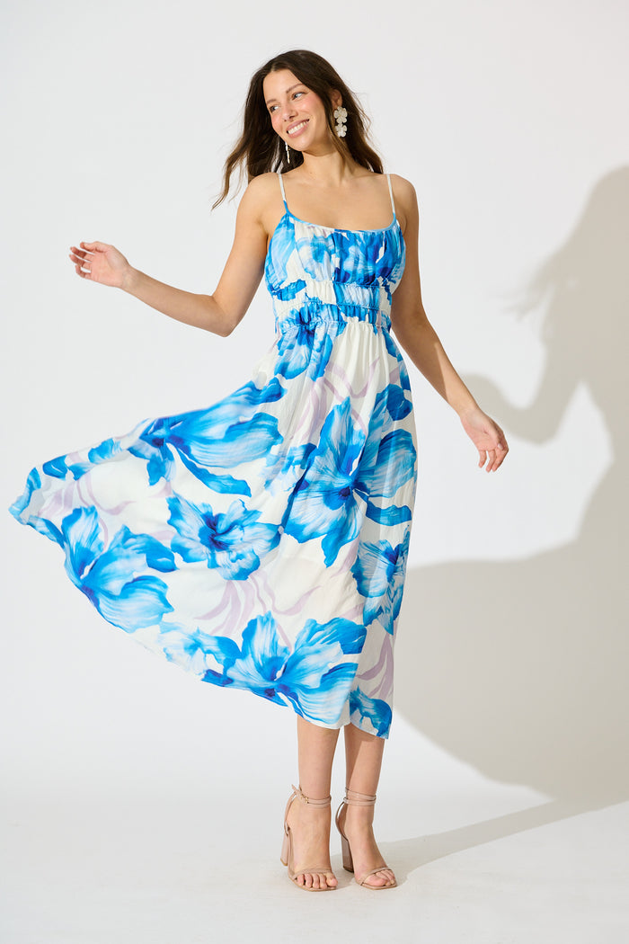 Zaynab Maxi Sundress in White with Blue Floral full length