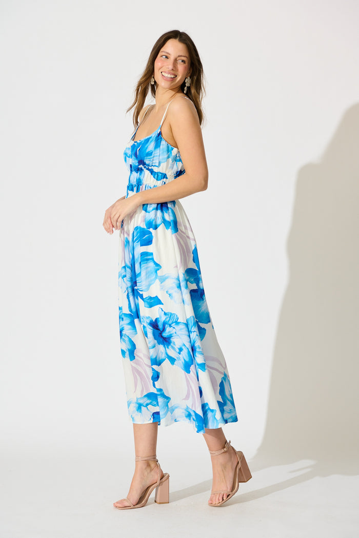 Zaynab Maxi Sundress in White with Blue Floral side