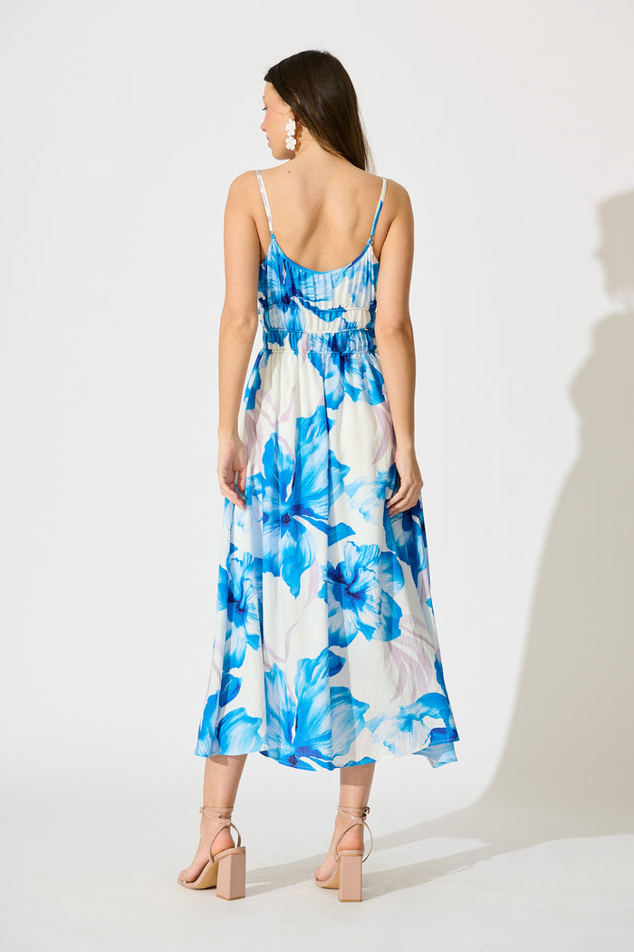 Zaynab Maxi Sundress in White with Blue Floral back