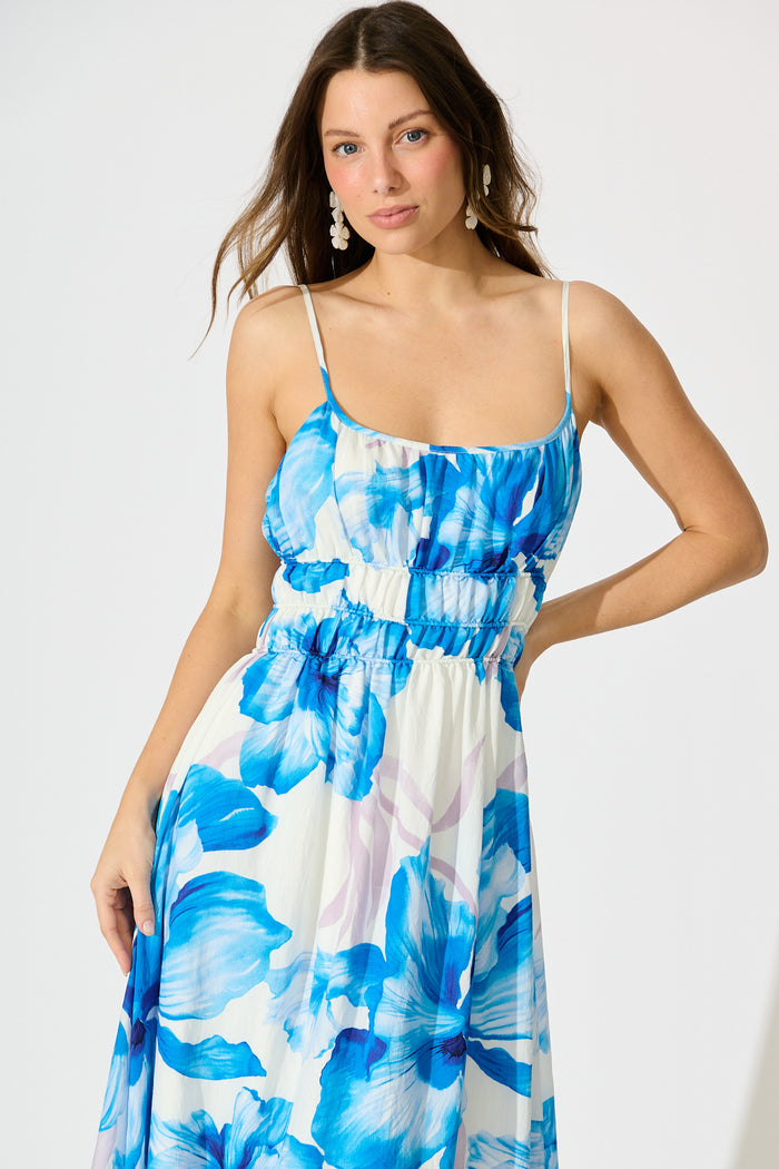 Zaynab Maxi Sundress in White with Blue Floral front