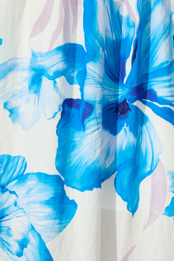 Zaynab Maxi Sundress in White with Blue Floral fabric